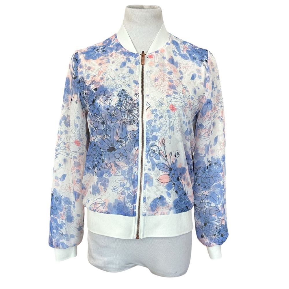 Candies Blue & White Floral Crochet Lace Reversible Bomber Jacket - Size Medium - Picture 2 of 14